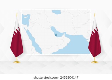 Map of Qatar and flags of Qatar on flag stand. Vector illustration for diplomacy meeting.