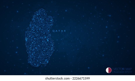 Map of Qatar modern design with polygonal shapes on dark blue background. Business wireframe mesh spheres from flying debris. Blue structure style vector illustration concept.