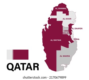 Map of Qatar with the regions. Colored vector illustration.