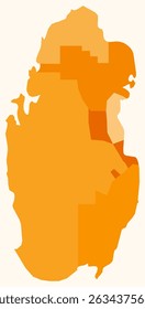 Mapa do Catar com regiões. Apenas um simples mapa de fronteira de país com divisão de região. Paleta de cores laranja. Forma simples do Catar com divisão administrativa. Ilustração vetorial.