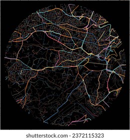 Map of Qormi, Southern Region with all major and minor roads, railways and waterways. Colorful line art on black background.