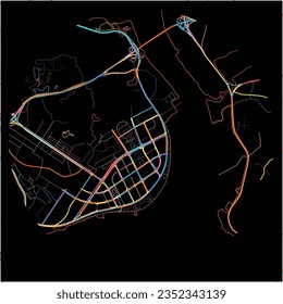 Map of Quanzhou, Fujian with all major and minor roads, railways and waterways. Colorful line art on black background.