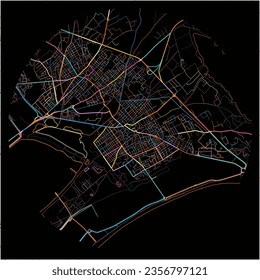 Mapa de QuartuSantElena, Cerdeña con todas las carreteras principales y menores, vías férreas y vías fluviales. Coloridas líneas de arte sobre fondo negro.
