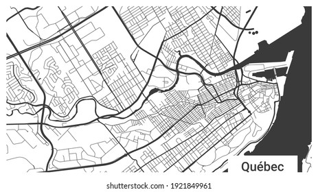 Map of Quebec city, Ontario, Canada. Horizontal background map poster black and white land, streets and rivers. 1920 1080 proportions. Royalty free grayscale graphic vector illustration.