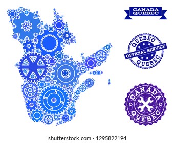 Map of Quebec Province composed with blue gear symbols, and isolated grunge stamps for official repair services.