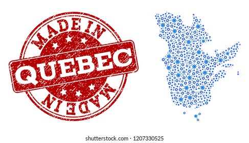 Map of Quebec Province vector mosaic and Made In grunge stamp. Map of Quebec Province formed with blue gear links. Made in red seal with grunge rubber texture.