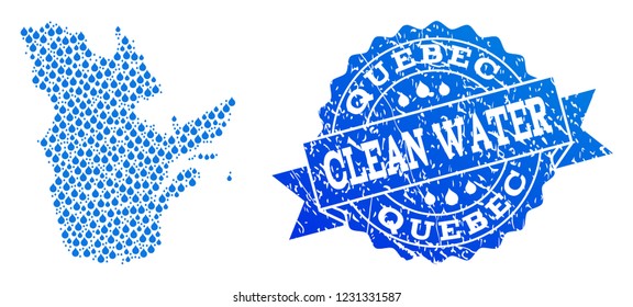Map of Quebec Province vector mosaic and clean water grunge stamp. Map of Quebec Province composed with blue liquid drops. Seal with grunge rubber texture for clear drinking water.