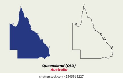 Map of Queensland, Map of Queensland with fill colour and outline, Map of Australia state Queensland, Australia.