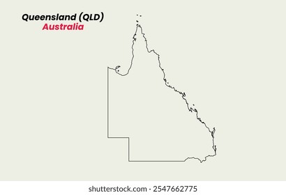 Mapa de Queensland, Mapa de Queensland con un esquema, Mapa de Australia estado Ilustración vectorial de Queensland, Australia.
