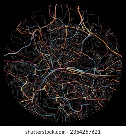 Mapa de Quimper, Finistère con todas las carreteras principales y menores, ferrocarriles y vías fluviales. Coloridas líneas de arte sobre fondo negro.