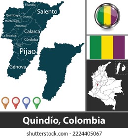 Map of Quindio department with municipalities and location on Colombian map. Vector image