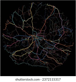 Map of Rabat, Gozo Region with all major and minor roads, railways and waterways. Colorful line art on black background.