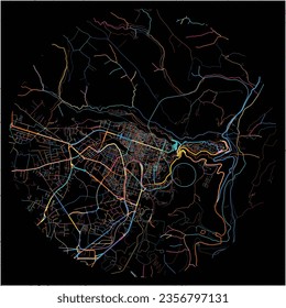 Map of Ragusa, Sicily with all major and minor roads, railways and waterways. Colorful line art on black background.