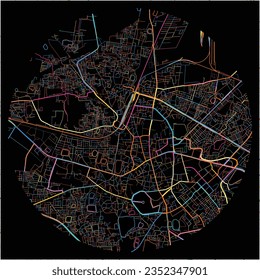 Map of Raipur, Chhattisgarh with all major and minor roads, railways and waterways. Colorful line art on black background.