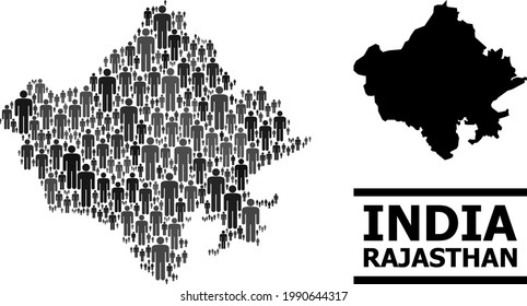 Map of Rajasthan State for demographics doctrines. Vector population abstraction. Abstraction map of Rajasthan State combined of man icons. Demographic scheme in dark grey color tinges.