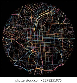 Map of Raleigh, North Carolina with all major and minor roads, railways and waterways. Colorful line art on black background.