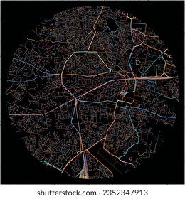 Map of Ranchi, Jharkhand with all major and minor roads, railways and waterways. Colorful line art on black background.