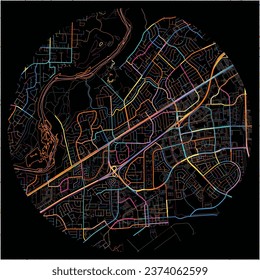 Map of RanchoCordova, California with all major and minor roads, railways and waterways. Colorful line art on black background.