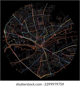 Map of Randers with all major and minor roads, railways and waterways. Colorful line art on black background.