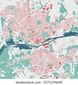 Map of Randers, Denmark. Detailed city vector map with buildings, municipality area. Streetmap with roads.