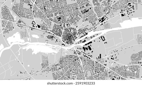 Map of Randers, Denmark. Detailed city vector map, municipality area. Black and white streetmap with buildings.