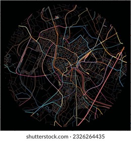 Map of Rastatt, Baden-Wuerttemberg with all major and minor roads, railways and waterways. Colorful line art on black background.