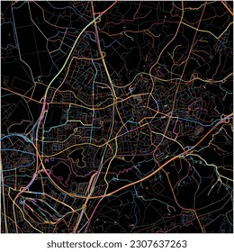 Map of Ratingen, North Rhine-Westphalia with all major and minor roads, railways and waterways. Colorful line art on black background.