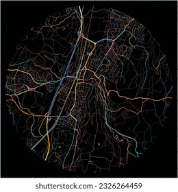 Map of Ravensburg, Baden-Wuerttemberg with all major and minor roads, railways and waterways. Colorful line art on black background.