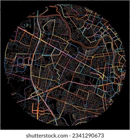 Mapa de Recife con todas las carreteras principales y menores, ferrocarriles y vías navegables. Coloridas líneas de arte sobre fondo negro.