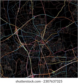 Map of Recklinghausen, North Rhine-Westphalia with all major and minor roads, railways and waterways. Colorful line art on black background.