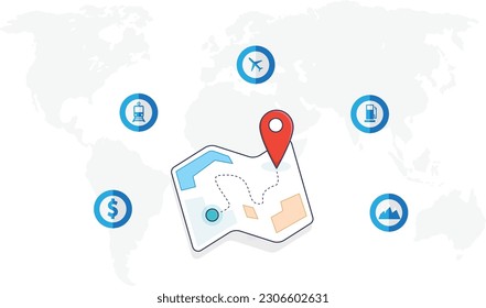 Map with red and blue pin pointers, world map background
