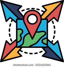 A map with a red dot in the middle and arrows pointing to different directions. The map is colorful and has a playful, whimsical feel to it