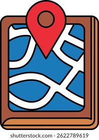 A map with a red dot on it. The map is blue and white