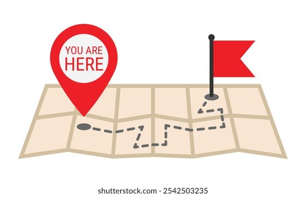 A map with a red location marker and a finish flag. Navigation concept or a journey from the current location to a destination. Vector illustration