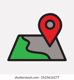 A map with a red marker placed on top to indicate a specific destination or location. Map pin location icons. Pin location icon on the paper map. 