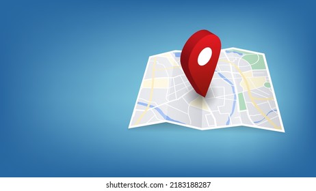 Mapa con la marca del localizador rojo 3D del pin rojo en el mapa de la ciudad doblado, navegación GPS y diseño del vector de localización de viajes para sitio web aislado en fondo azul.