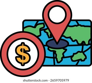 A map with a red pin on it and a dollar sign. The map is showing a location with a price of $1