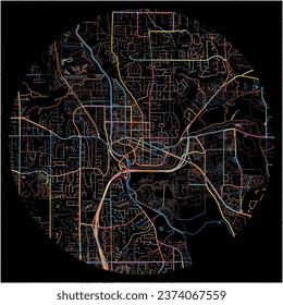 Karte von Redmond, Washington mit allen wichtigen und kleineren Straßen, Eisenbahnen und Wasserstraßen. Farbige Linienkunst auf schwarzem Hintergrund.