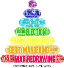 Map Redrawing in gerrymandering word cloud on a white background. 