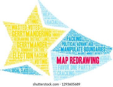 Map Redrawing in gerrymandering word cloud on a white background. 