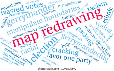 Map Redrawing in gerrymandering word cloud on a white background. 