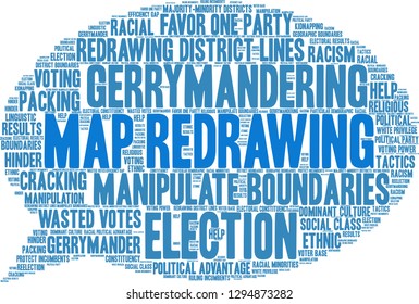 Map Redrawing in gerrymandering word cloud on a white background. 