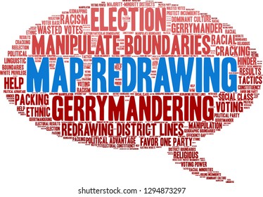 Map Redrawing in gerrymandering word cloud on a white background. 