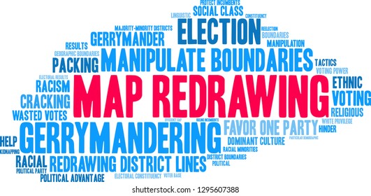 Map Redrawing in gerrymandering word cloud on a white background. 