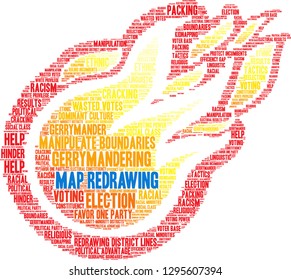 Map Redrawing in gerrymandering word cloud on a white background. 
