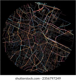 Map of ReggioEmilia, Emilia-Romagna with all major and minor roads, railways and waterways. Colorful line art on black background.