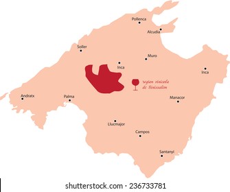map region of binissalem in Mallorca in Spain