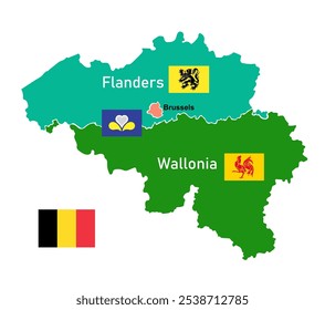 Map of regions of Belgium. Flanders, Wallonia and Brussels. Vector education illustration