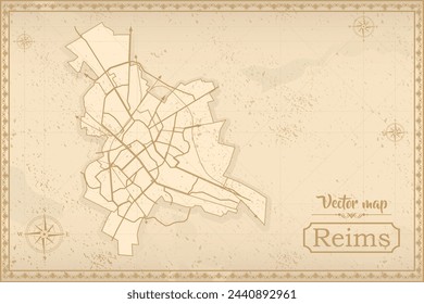 Map of Reims in the old style, brown graphics in retro fantasy style. city in France.