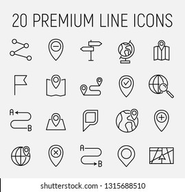 Map related vector icon set. Well-crafted sign in thin line style with editable stroke. Vector symbols isolated on a white background. Simple pictograms. 